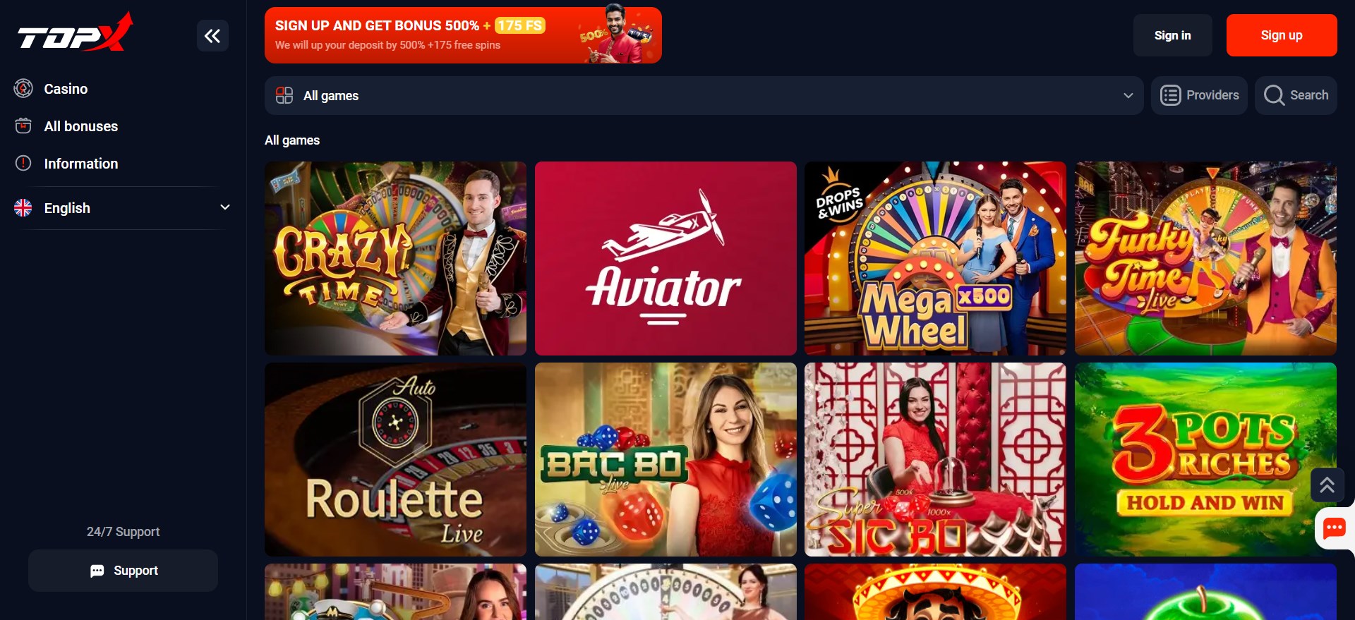 Play most popular games at casino TopX